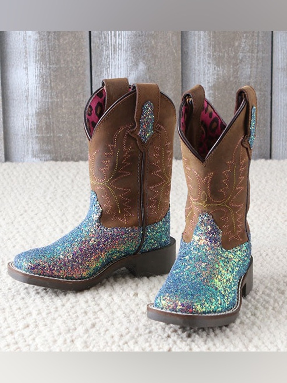 Glitter Cowgirl Boots Blue Sparkles Brown Leather Little Girl’s size 10 Western